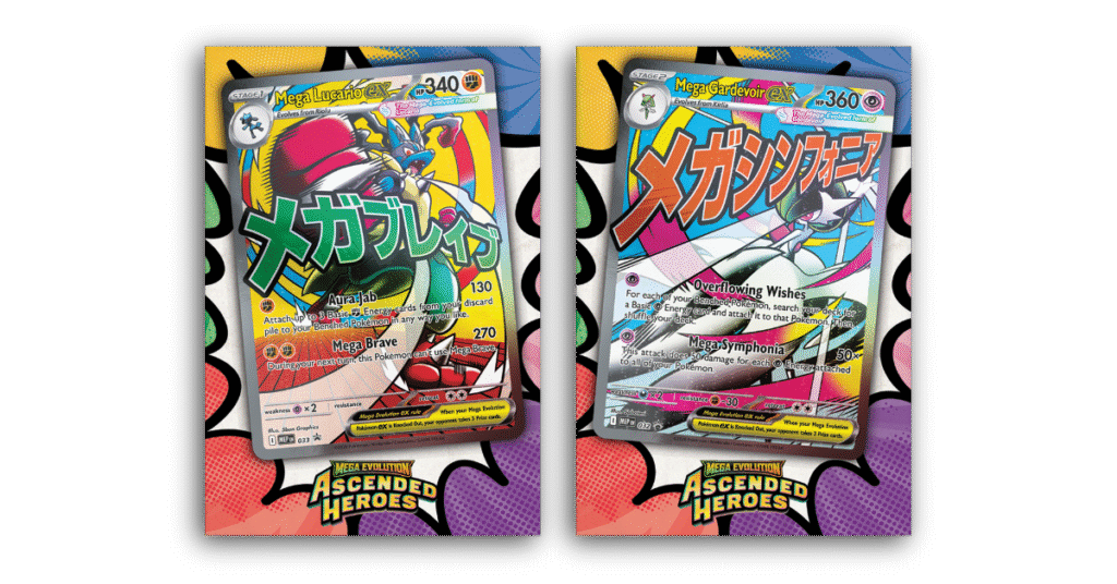 Artwork oficial de Mega Lucario y Mega Gardevoir que estarán disponibles en la Ascended Heroes Premium Poster Collection