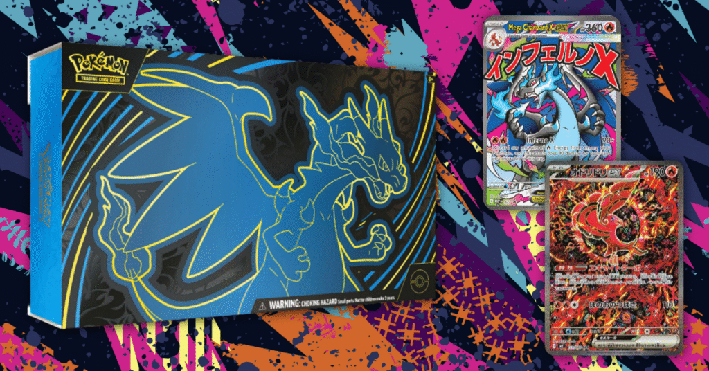 La caja de la Mega Charizard X ex Ultra Premium Collection y sus dos promos.