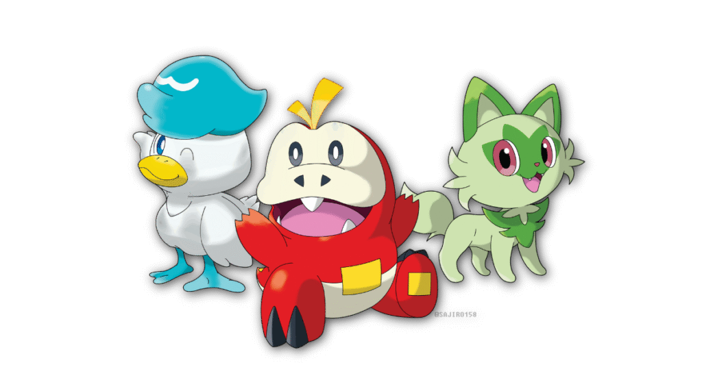 Ilustración de los Pokémon iniciales, presentes en la card list de Paldea Evolved, hecha por: https://www.deviantart.com/sajiro158/ 