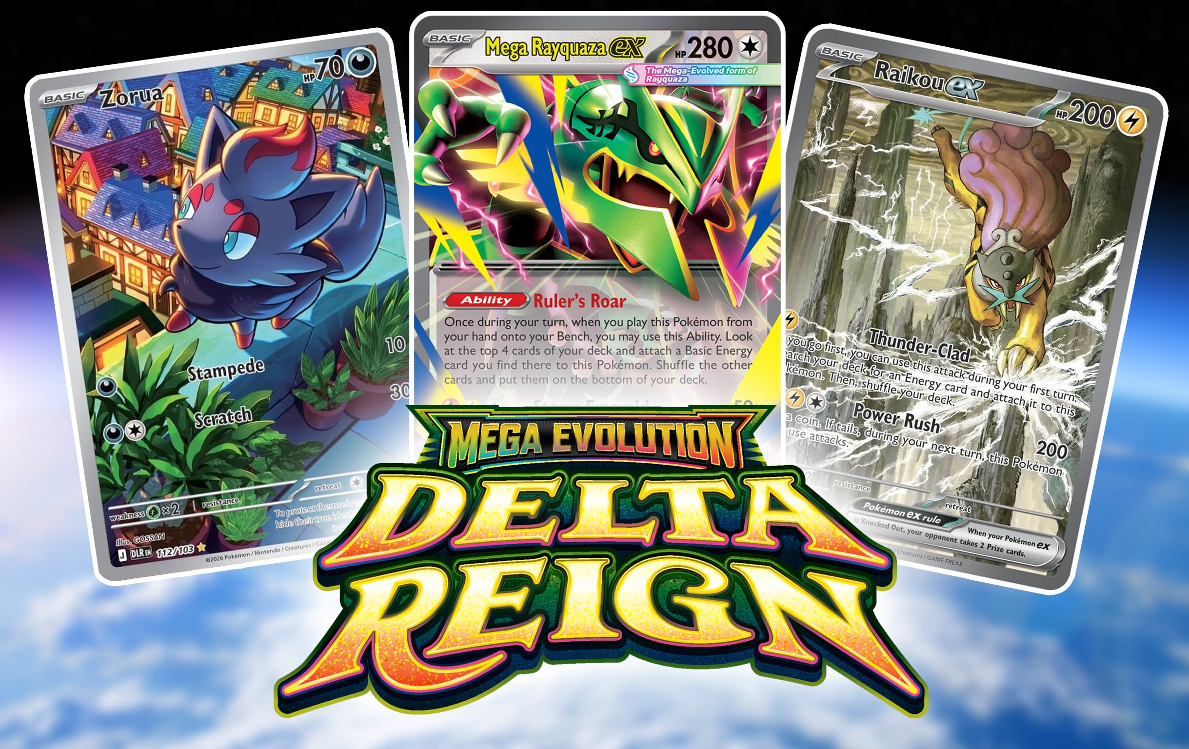 Dominio Delta: cartas Zorua, Mega Rayquaza ex y Raikou ex